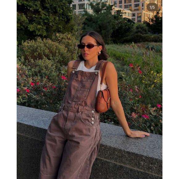 Free People We The Free Ziggy Denim Overalls Mocha Brown Size Medium Boho Earthy - Picture 2 of 16